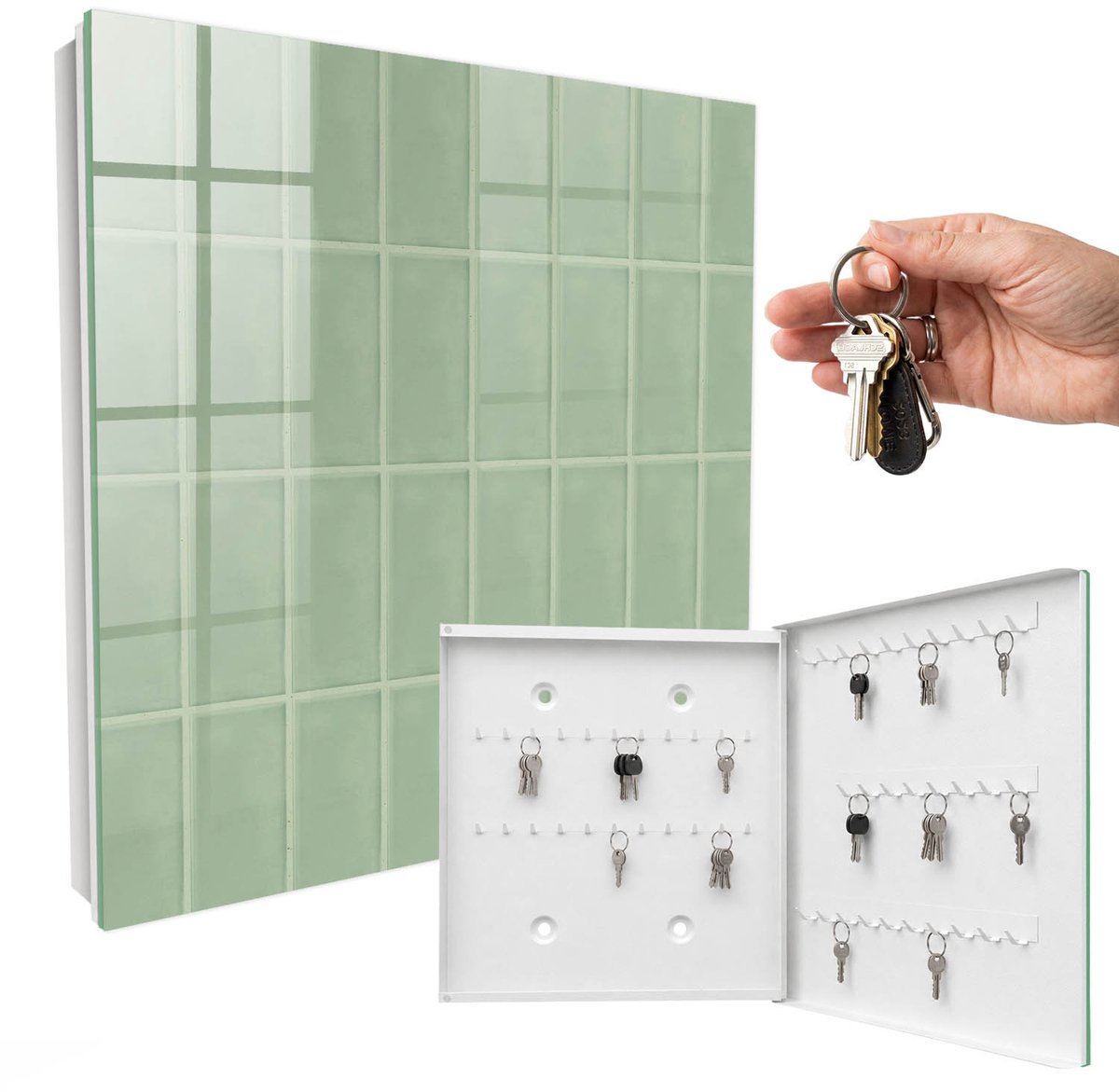 WallMuralia - Sleutelkast - 30x30x5 cm - met 50 haken - Groene Tegels Sleutelkastje Gang - Groente Sleutelbox - Rechtsopenend - Wit interieur