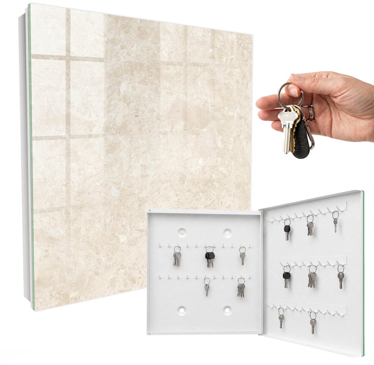WallMuralia - Sleutelkast - 30x30x5 cm - met 50 haken - Romige Elegantie Leuk Sleutelkastje - Romig Sleutelbox - Rechtsopenend - Wit interieur