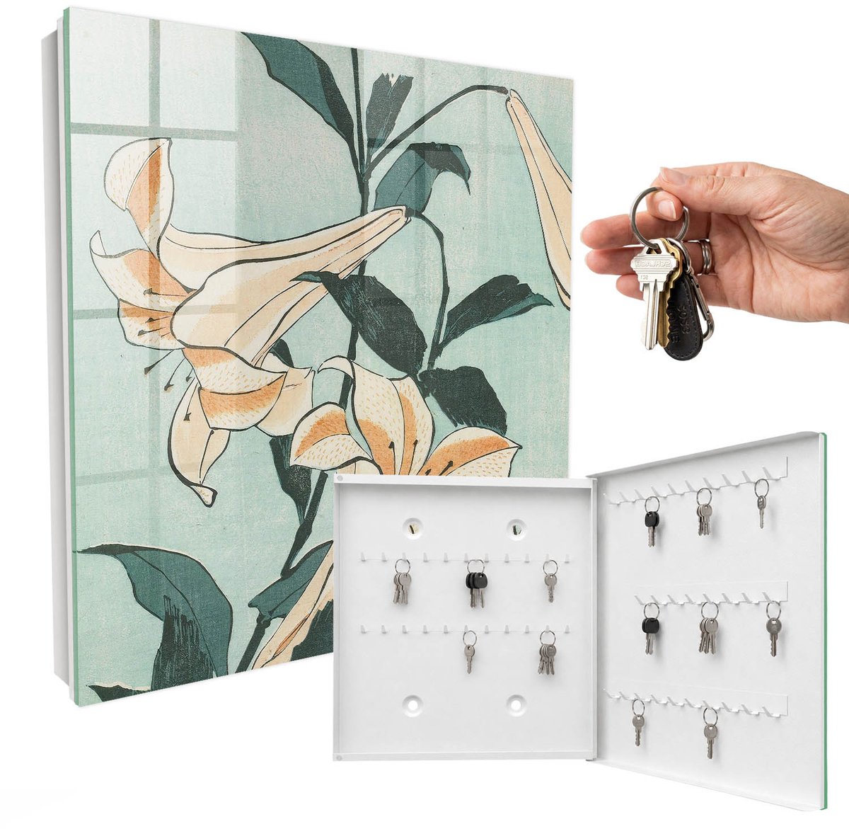 WallMuralia - Sleutelkast - 30x30x5 cm - met 50 haken - Subtiele Lelies Sleutelkastje Muur - Groente Sleutelbox - Rechtsopenend - Wit interieur