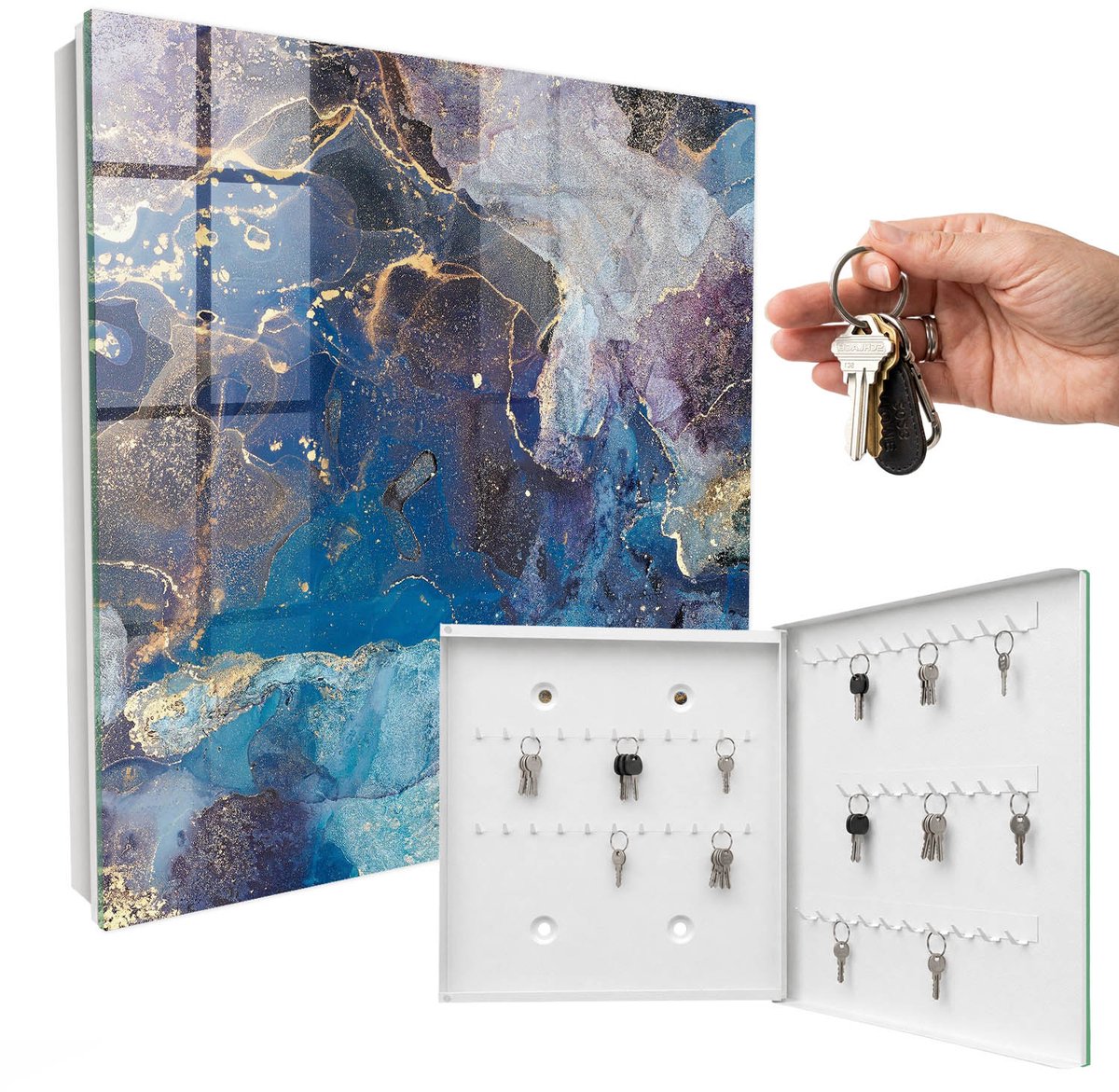 WallMuralia - Sleutelkast - 30x30x5 cm - met 50 haken - Mariene Abstractie Sleutelkastje Klein - Blauw Sleutelbox - Rechtsopenend - Wit interieur