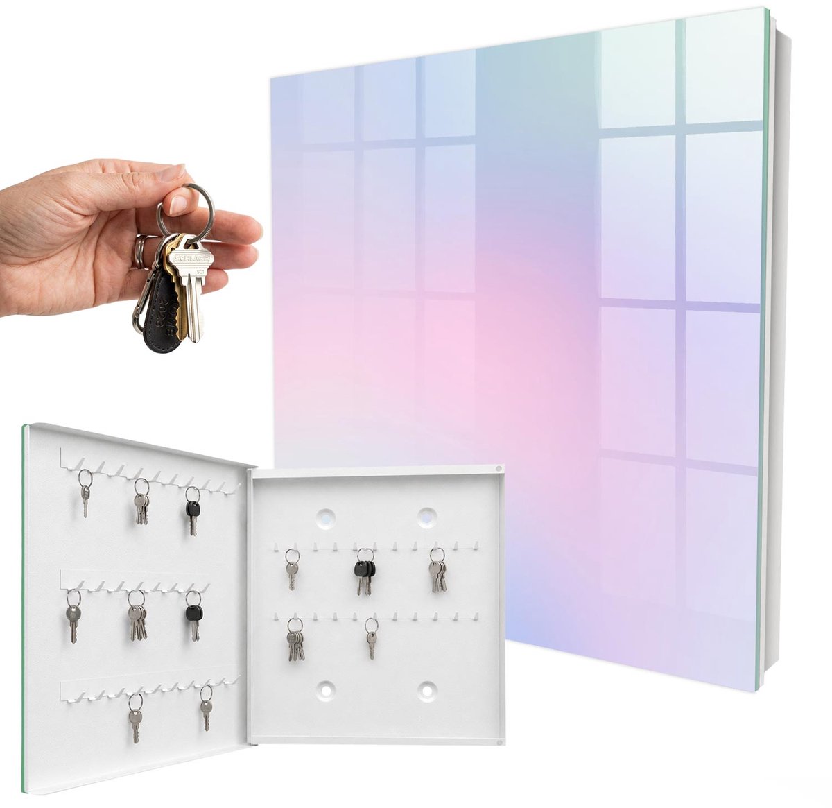 WallMuralia - Sleutelkast - 30x30x5 cm - met 50 haken - Pastel Harmonie Sleutelkastje Gang - Roze Sleutelbox - Linksopenend - Wit interieur