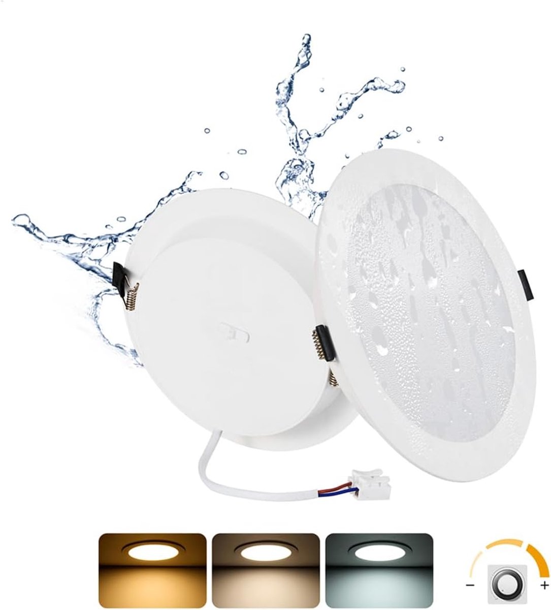2-stuks dimbare LED inbouwspots 16W, 1400LM, IP44, 3 lichtkleuren 3000K/4000K/6000K, zaagmaat Ø145-160mm, LED plafondspots voor badkamer en keuken