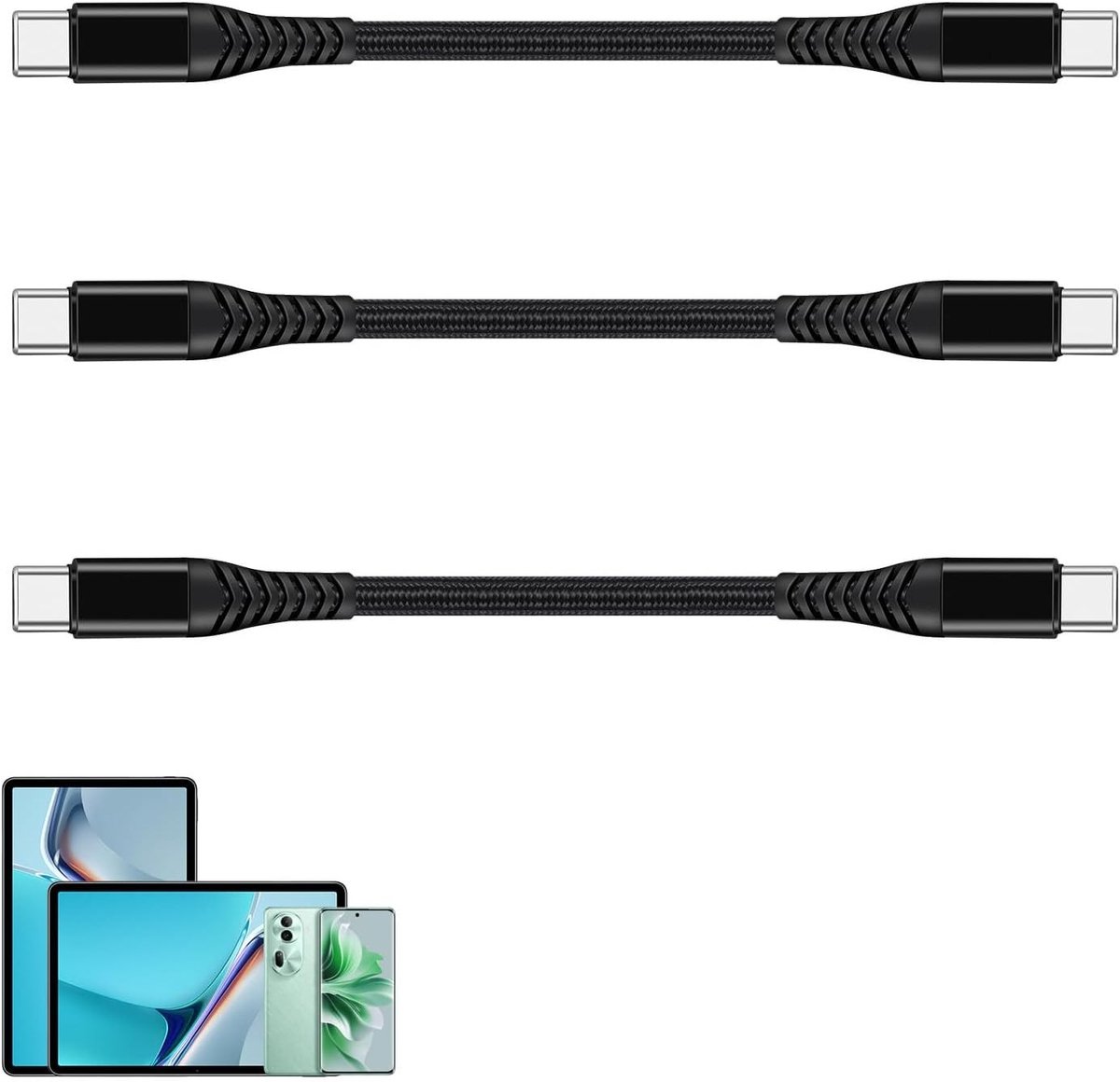 Set van 3 Korte 20cm Type C Oplaadkabels, Snelle 60W Power Delivery voor Smartphones en Tablets, Ideaal voor Gegevensoverdracht en Snelladen