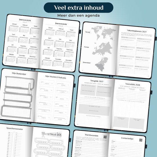 Open agenda met jaaroverzichten, vakantieplanner, mijn boekenlijst, muziek & podcasts, terugblik 2027, vooruitblik 2028, spaarthermometer, films en series, wachtwoorden en contacten.