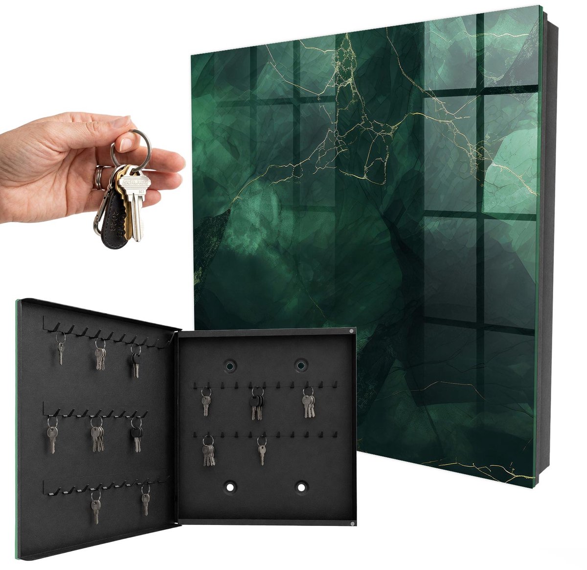 WallMuralia - Sleutelkast - 30x30x5 cm - met 50 haken - Groene Elegantie Sleutelkastje Modern - Groente Sleutelbox - Linksopenend - Zwart interieur