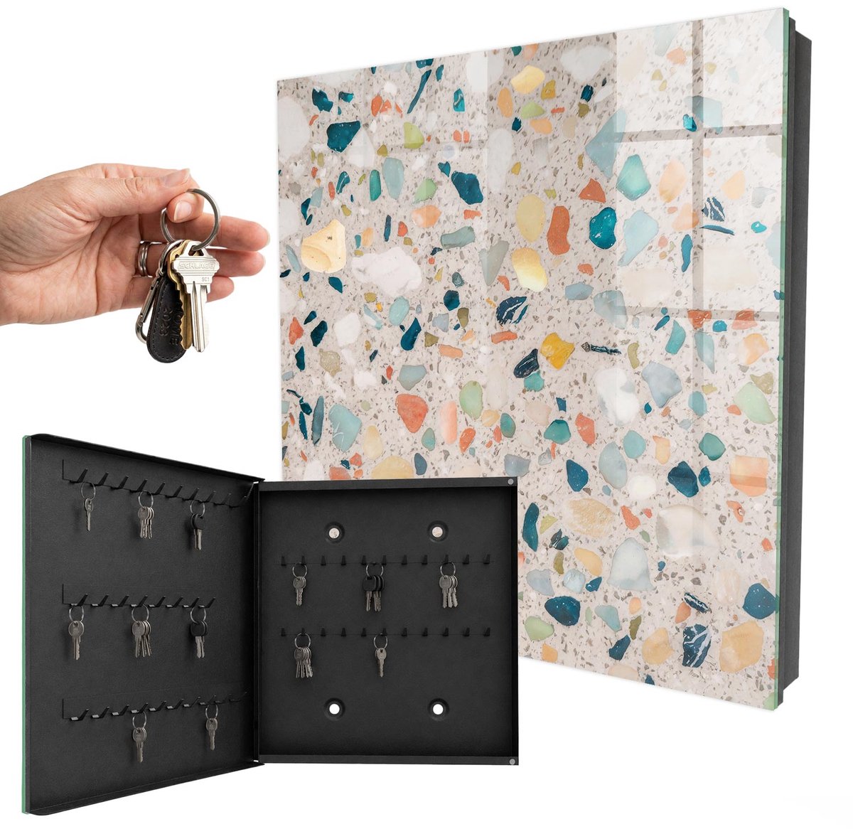 WallMuralia - Sleutelkast - 30x30x5 cm - met 50 haken - Kleurrijk Mozaïek Sleutelkastje Muur - Beige Sleutelbox - Linksopenend - Zwart interieur
