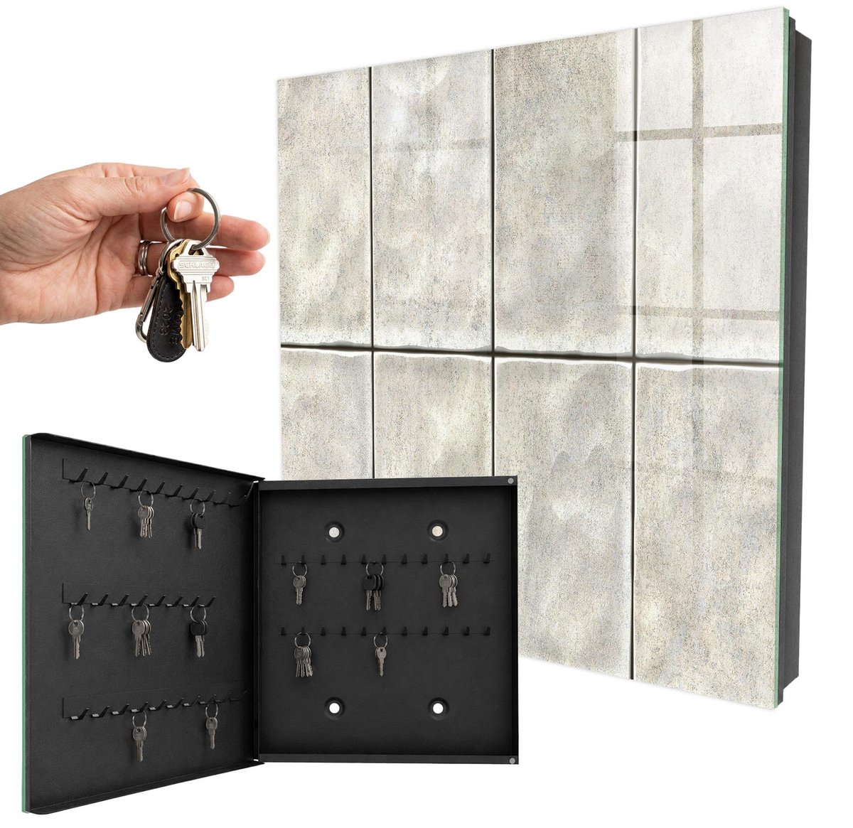 WallMuralia - Sleutelkast - 30x30x5 cm - met 50 haken - Moderne Elegantie Groot Sleutelkastje - Beige Sleutelbox - Linksopenend - Zwart interieur