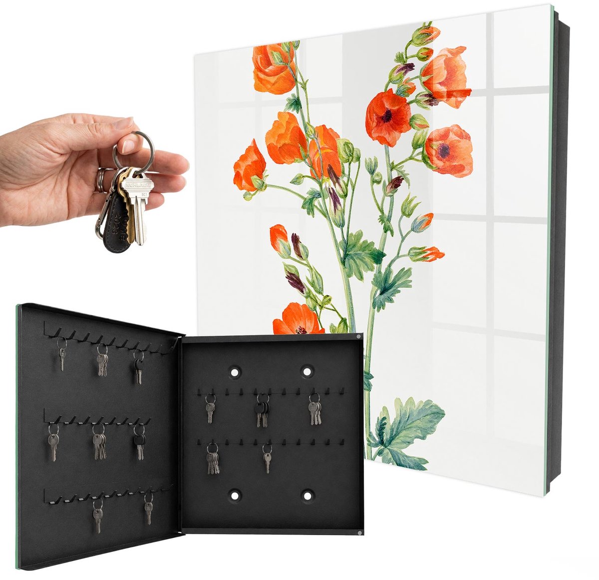 WallMuralia - Sleutelkast - 30x30x5 cm - met 50 haken - Oranje Klaprozen Sleutelkastje Hal - Wit Sleutelbox - Linksopenend - Zwart interieur