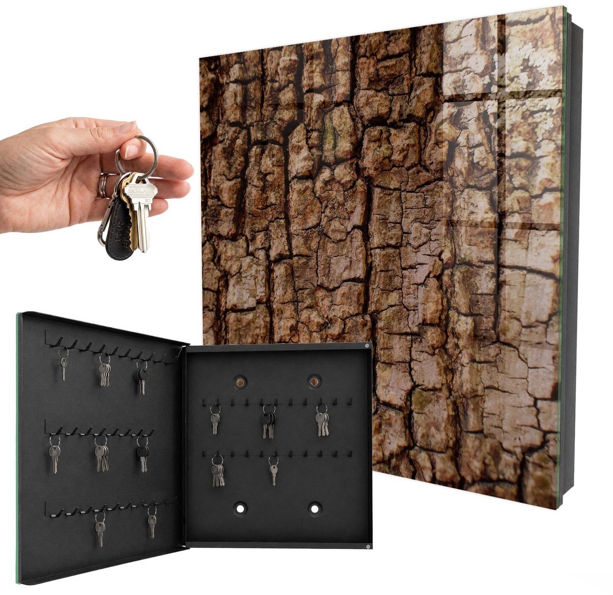 WallMuralia - Sleutelkast - 30x30x5 cm - met 50 haken - Boomschors Sleutelkastje Voor Binnen - Bruin Sleutelbox - Linksopenend - Zwart interieur