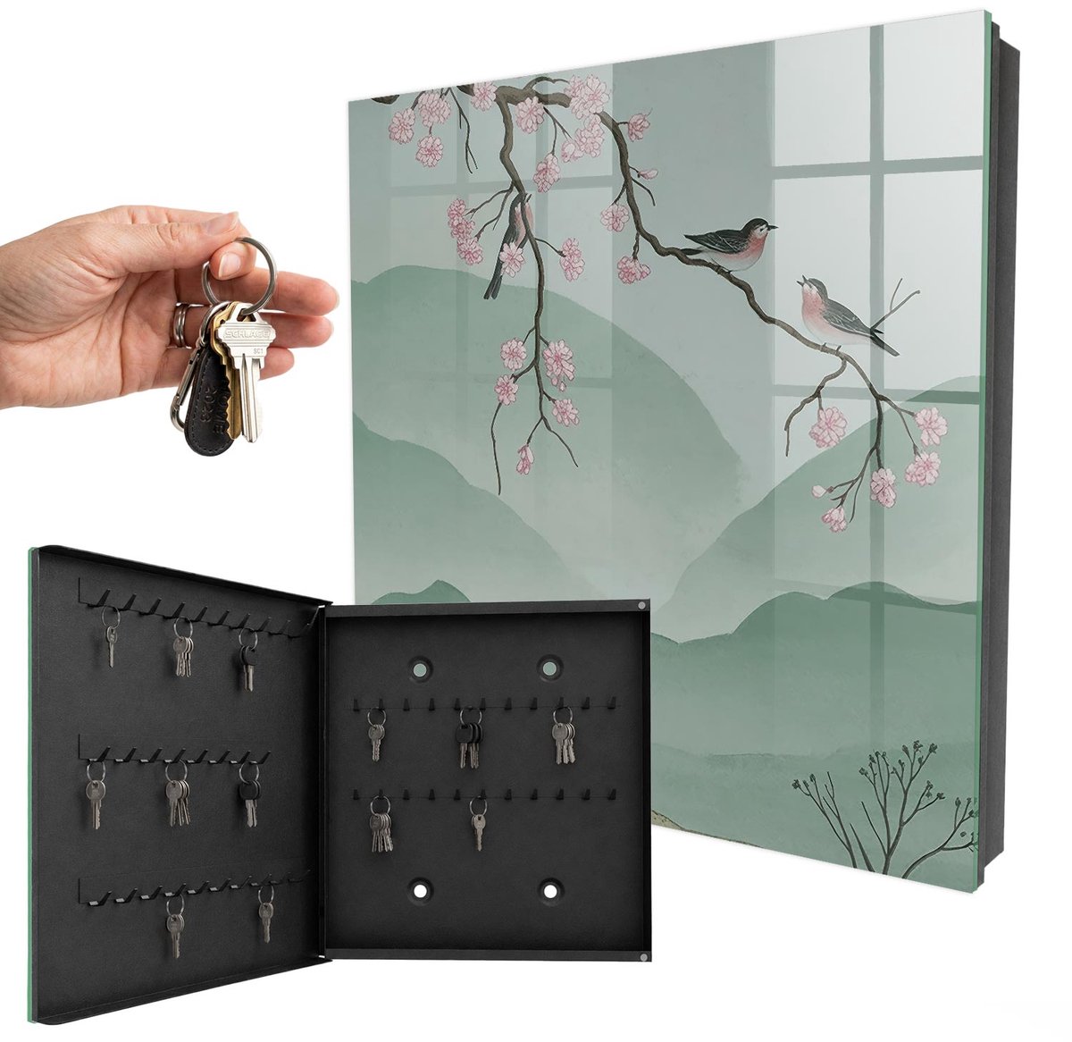 WallMuralia - Sleutelkast - 30x30x5 cm - met 50 haken - Vogels En Bloemen Sleutelkastje - Groente Sleutelbox - Linksopenend - Zwart interieur