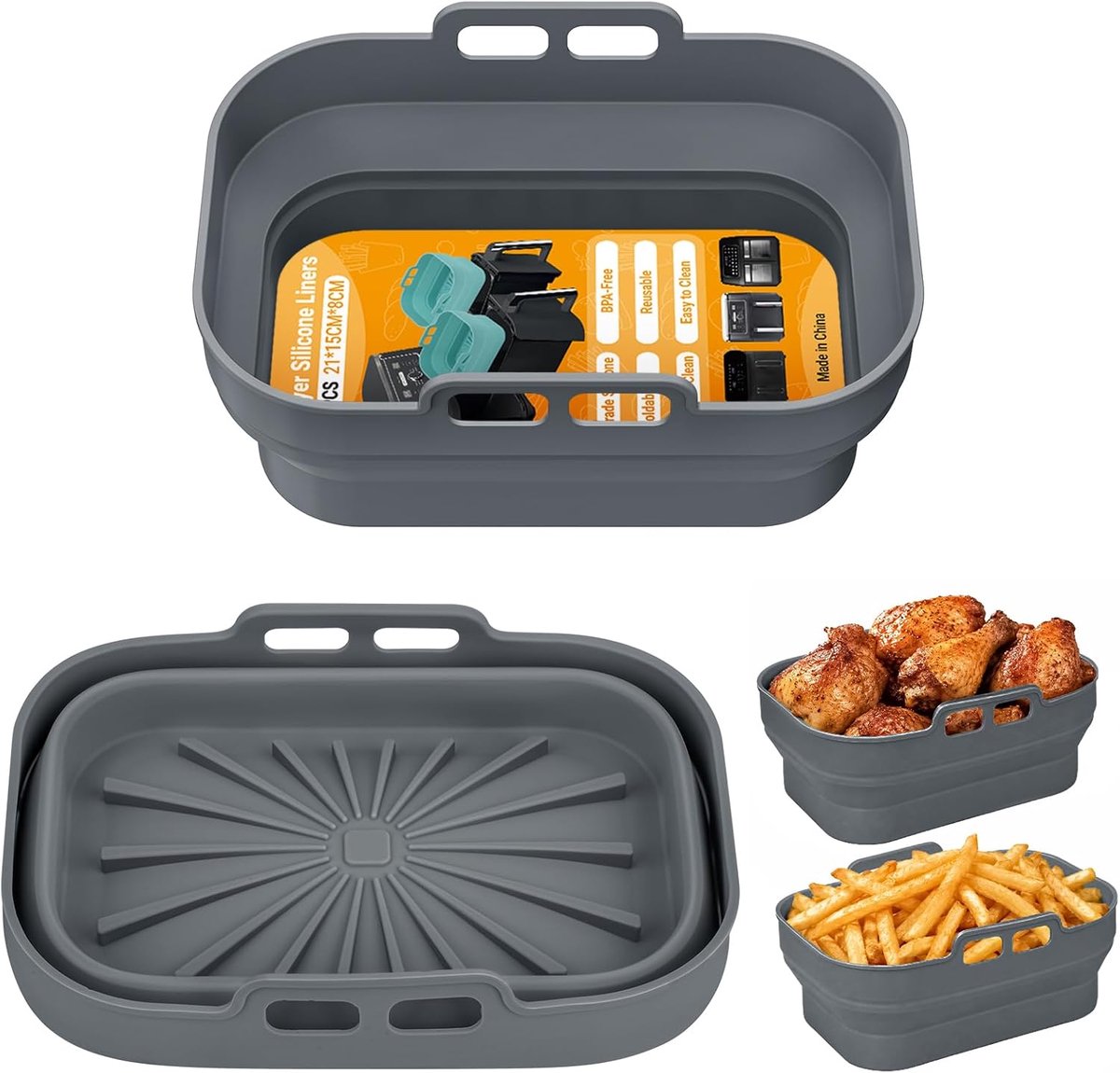 2 stuks siliconen vormen accessoires voor heteluchtfriteuse, grijs, rechthoekige airfryer siliconen inzetstuk, opvouwbaar, herbruikbare heteluchtfriteuse, accessoires, voor dual airfryer, magnetron