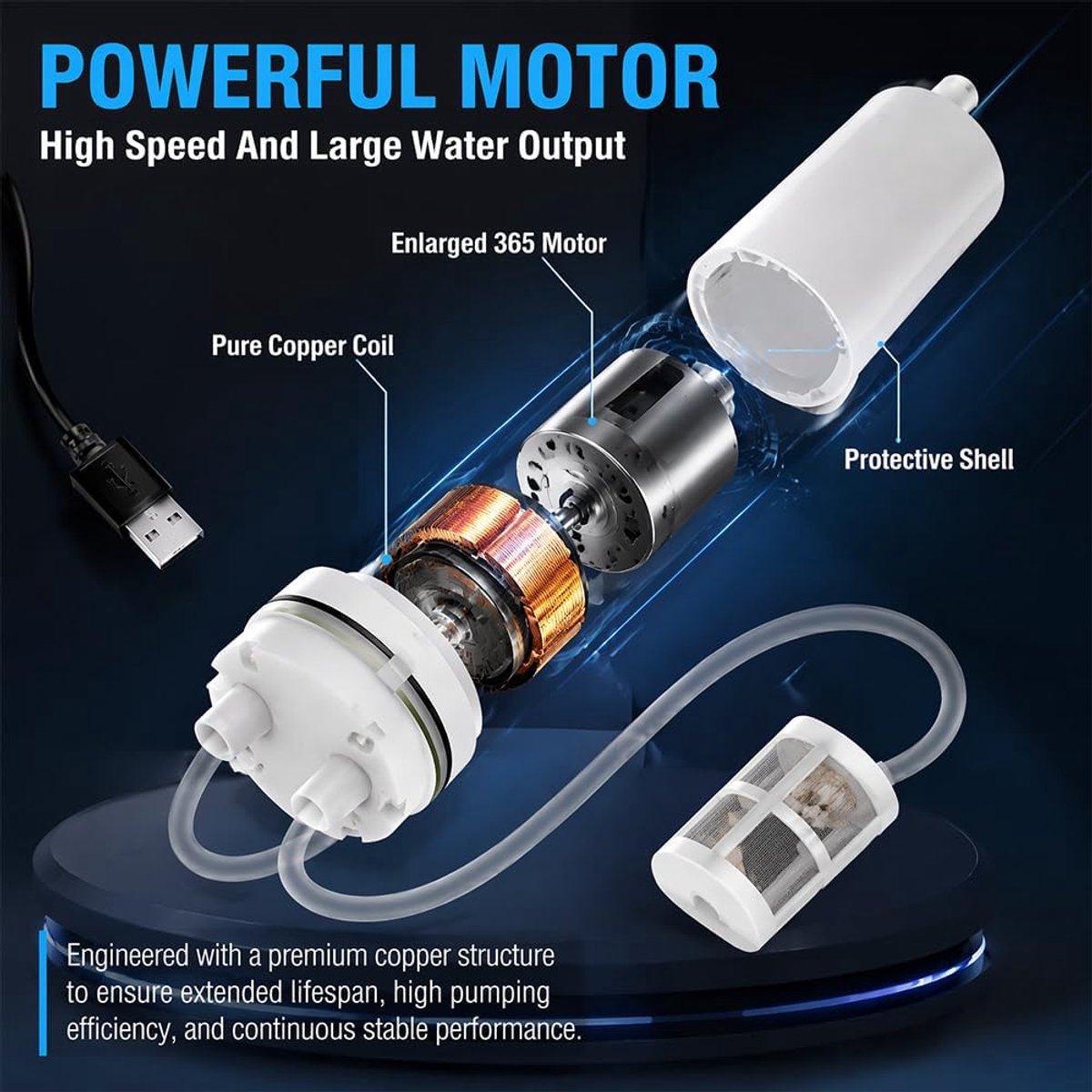 Mini-waterpomp, 5 V waterpomp, zelfaanzuigende afzuigpomp met 3 m pvc-slang en roestvrijstalen filter, USB-aangedreven mini-dompelpomp voor thuis, tuin, aquarium thumbnail 3
