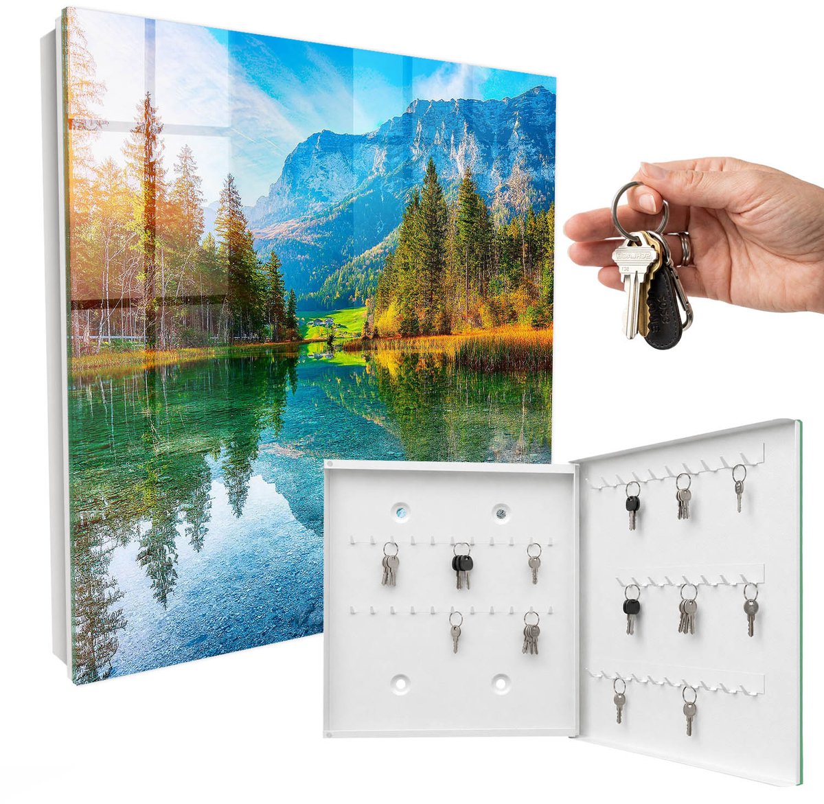 WallMuralia - Sleutelkast - 30x30x5 cm - met 50 haken - Berglandschap Sleutelkastje Modern - Groente Sleutelbox - Rechtsopenend - Wit interieur