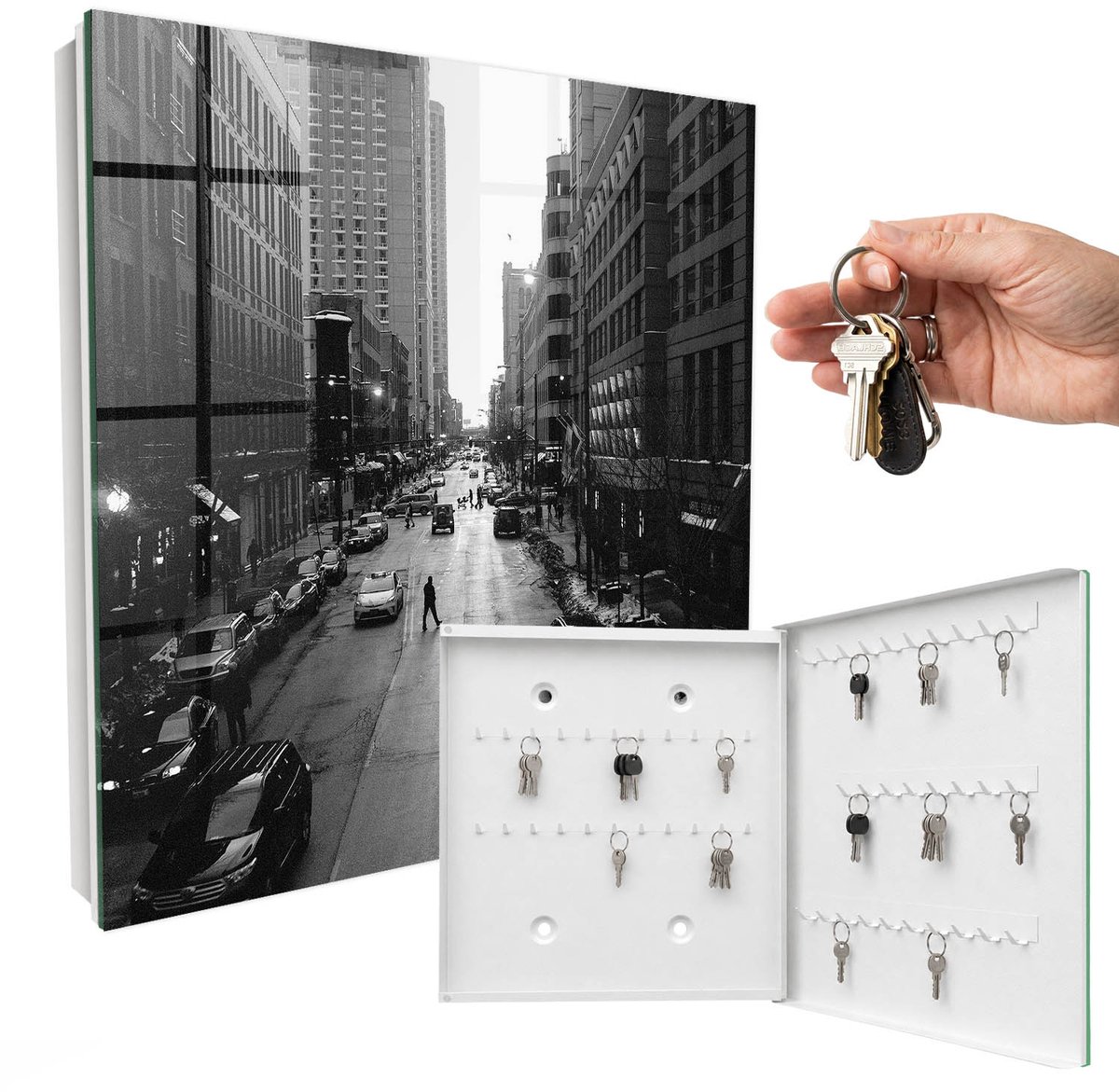 WallMuralia - Sleutelkast - 30x30x5 cm - met 50 haken - Het Dagelijks Leven In De Stad Sleutelkastje Voor Binnen - Wit Sleutelbox - Rechtsopenend - Wit interieur