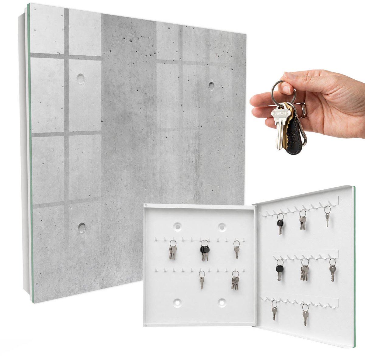 WallMuralia - Sleutelkast - 30x30x5 cm - met 50 haken - Ruw Beton Design Sleutelkastje - Grijs Sleutelbox - Rechtsopenend - Wit interieur