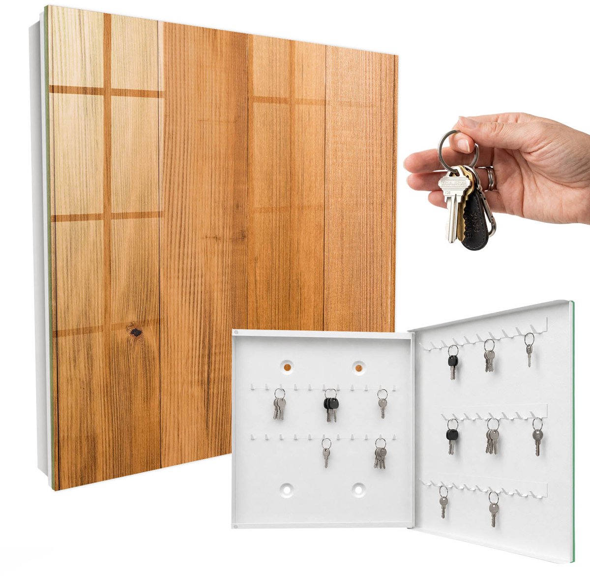 WallMuralia - Sleutelkast - 30x30x5 cm - met 50 haken - Houtstructuur Sleutelkastje Huis - Bruin Sleutelbox - Rechtsopenend - Wit interieur