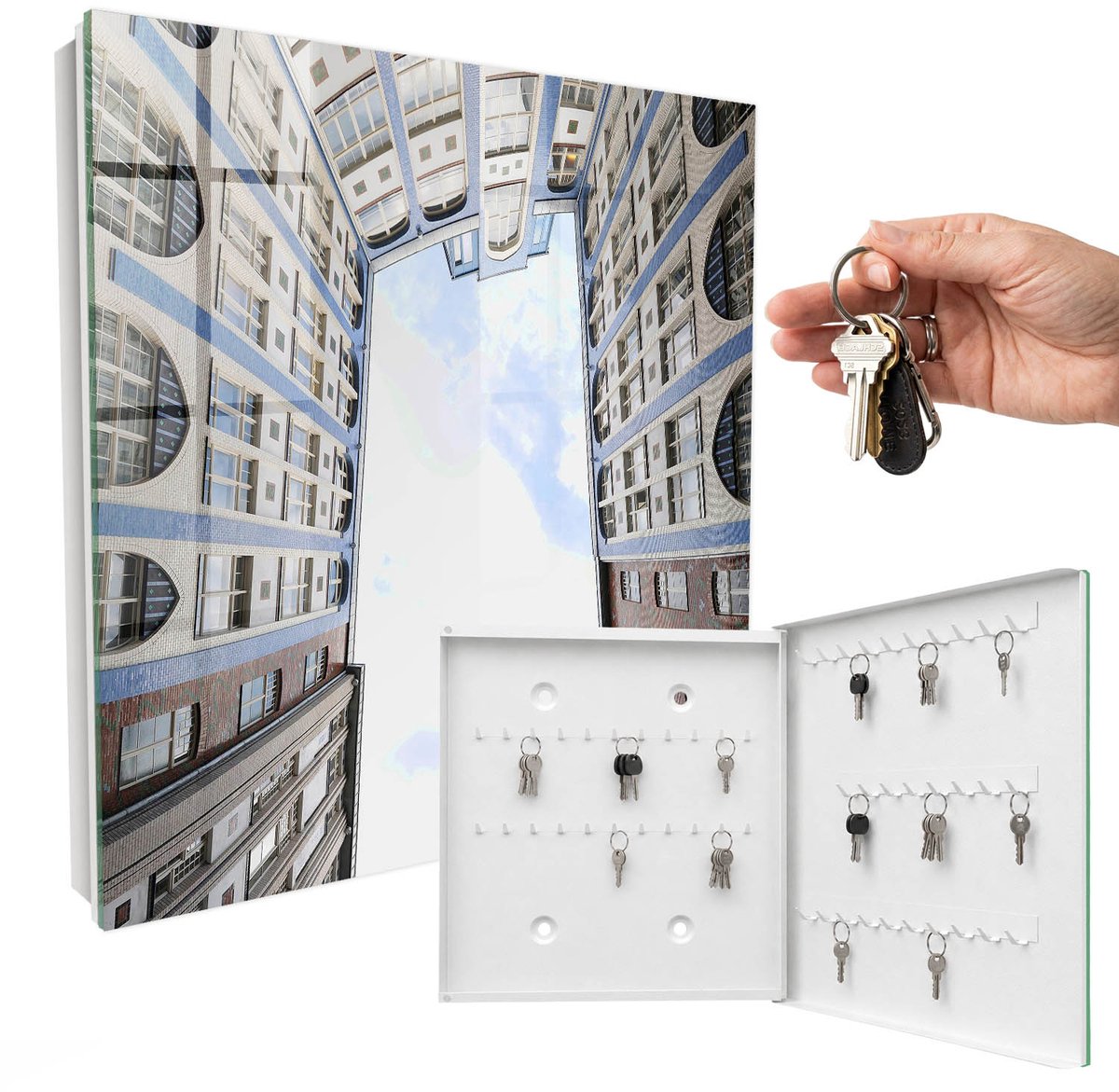 WallMuralia - Sleutelkast - 30x30x5 cm - met 50 haken - Moderne Architectuur Sleutelkastje Binnen - Wit Sleutelbox - Rechtsopenend - Wit interieur