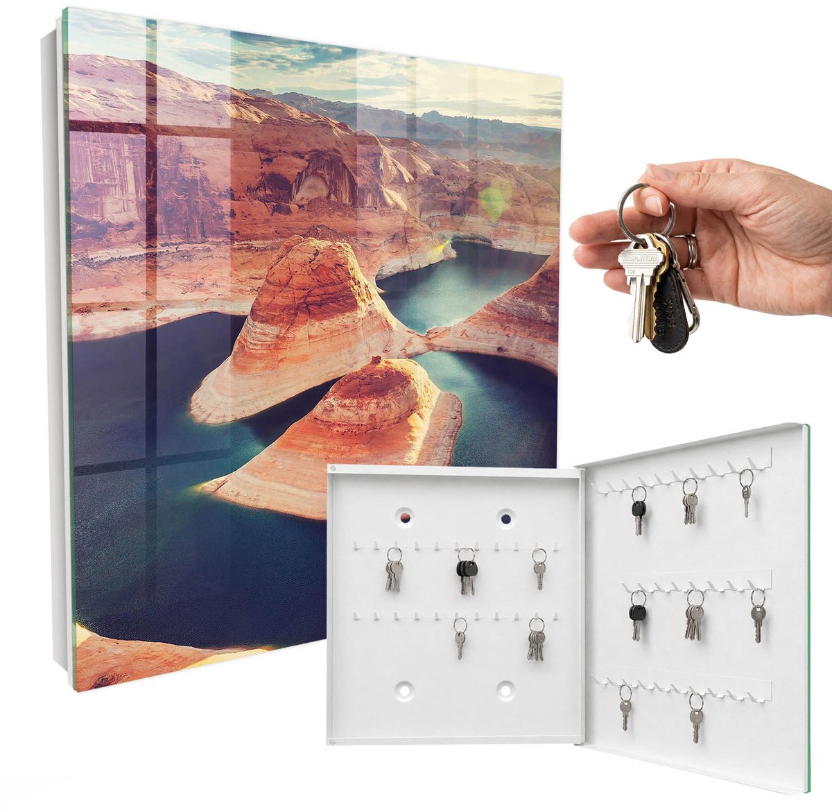 WallMuralia - Sleutelkast - 30x30x5 cm - met 50 haken - Rotsen En Water Sleutelkastje Gang - Bruin Sleutelbox - Rechtsopenend - Wit interieur