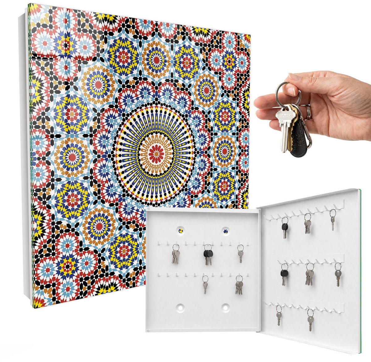 WallMuralia - Sleutelkast - 30x30x5 cm - met 50 haken - Mozaïekpatroon Leuk Sleutelkastje - Blauw Sleutelbox - Rechtsopenend - Wit interieur