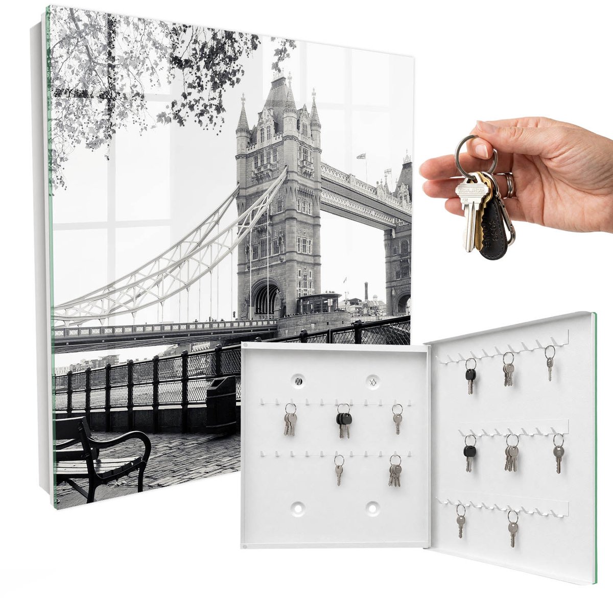WallMuralia - Sleutelkast - 30x30x5 cm - met 50 haken - Gotische Brug Sleutelkastje Design - Zwart-Wit Sleutelbox - Rechtsopenend - Wit interieur