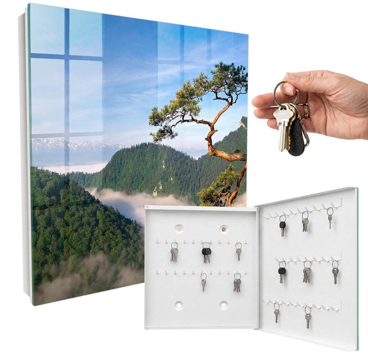 WallMuralia - Sleutelkast - 30x30x5 cm - met 50 haken - Berglandschap Sleutelkastje - Groente Sleutelbox - Rechtsopenend - Wit interieur