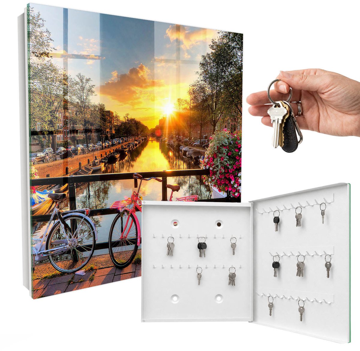 WallMuralia - Sleutelkast - 30x30x5 cm - met 50 haken - Stedelijk Westen Sleutelkastje Muur - Oranje Sleutelbox - Rechtsopenend - Wit interieur