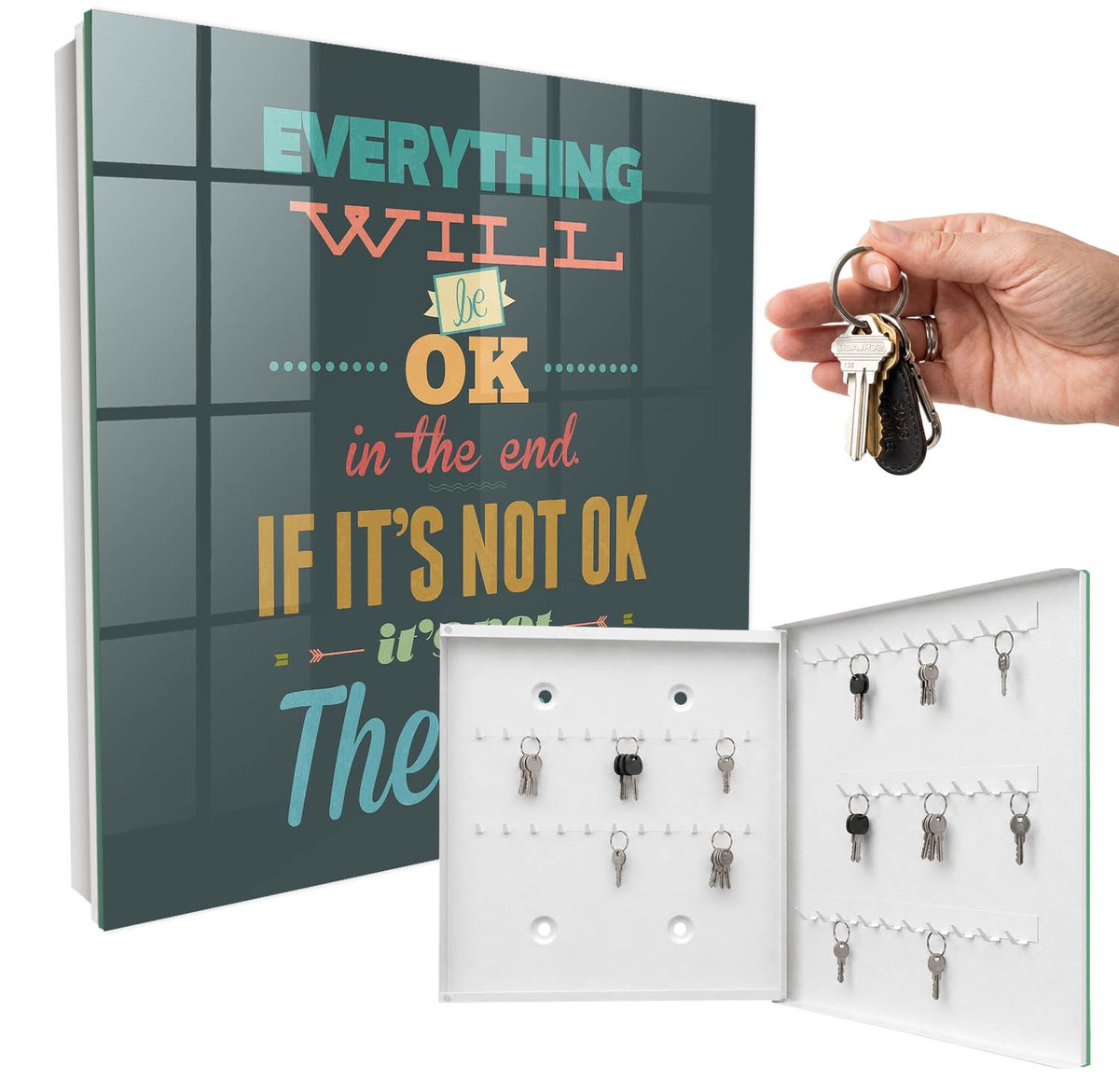 WallMuralia - Sleutelkast - 30x30x5 cm - met 50 haken - Positieve Boodschap Sleutelkastje Huis - Turkoois Sleutelbox - Rechtsopenend - Wit interieur