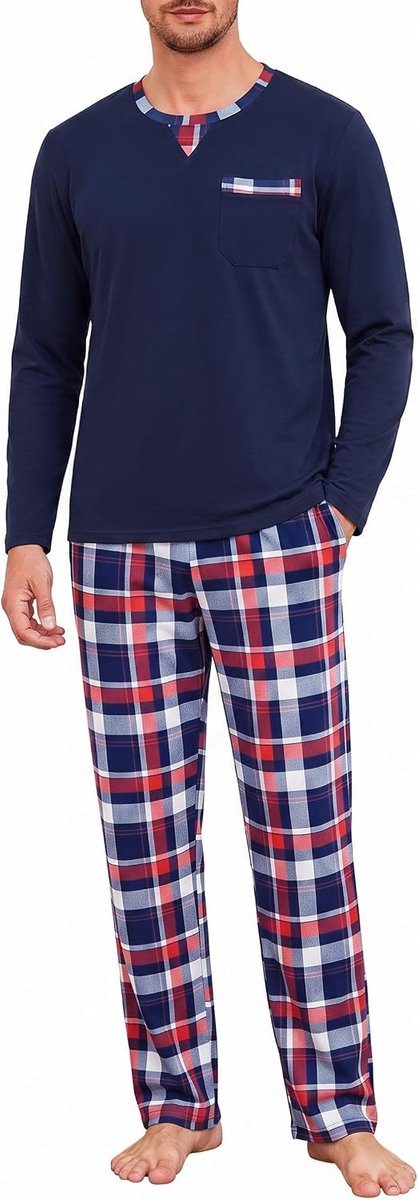 Pyjama voor heren, lang, katoen, geruit, 2-delige set