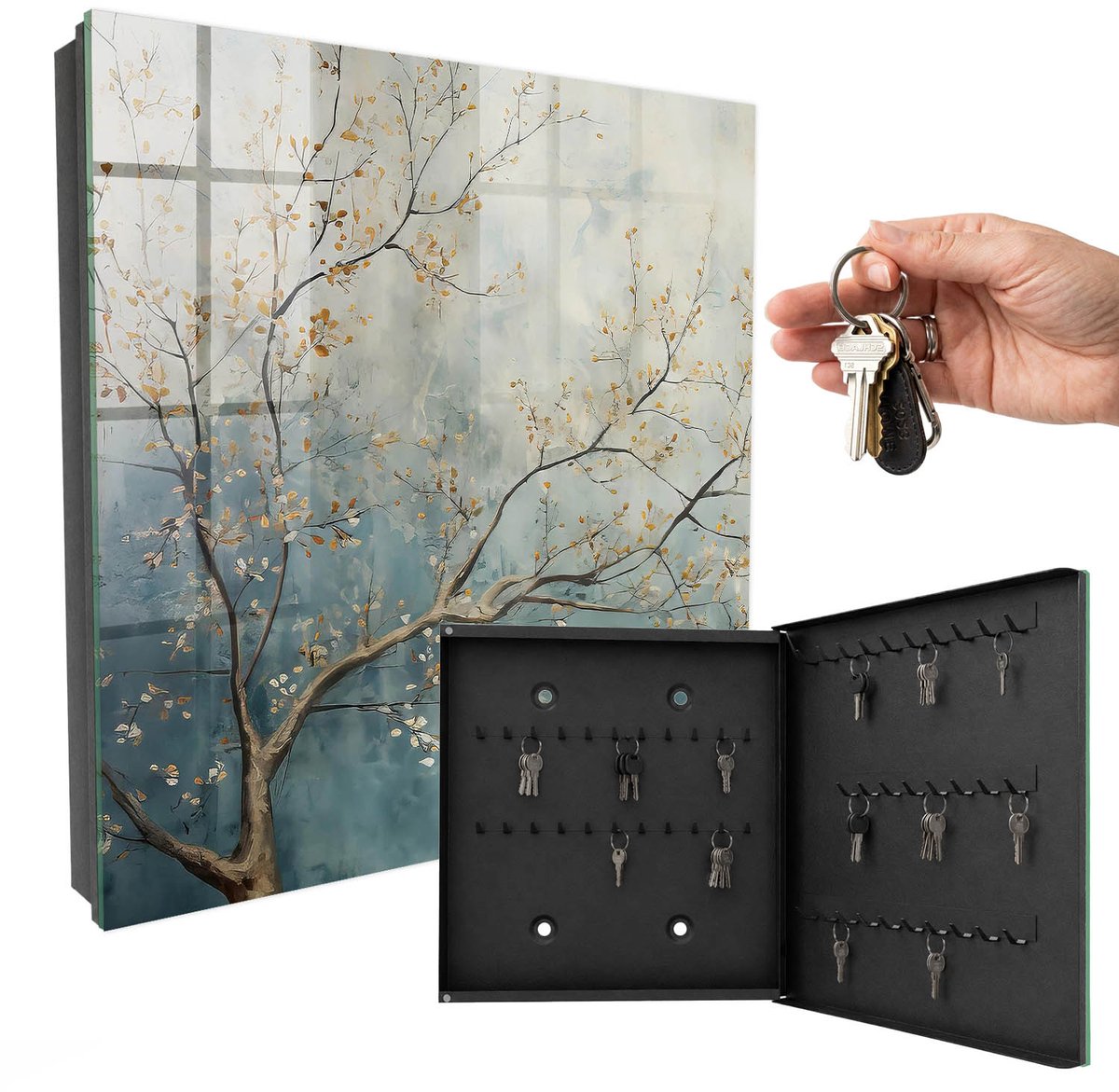 WallMuralia - Sleutelkast - 30x30x5 cm - met 50 haken - Ontspanning In De Natuur Sleutelkastje Muur - Blauw Sleutelbox - Rechtsopenend - Zwart interieur