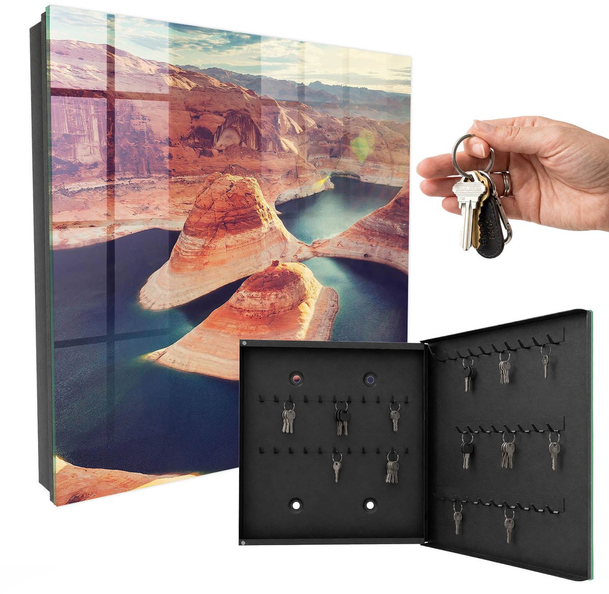 WallMuralia - Sleutelkast - 30x30x5 cm - met 50 haken - Rotsen En Water Sleutelkastje Hal - Bruin Sleutelbox - Rechtsopenend - Zwart interieur