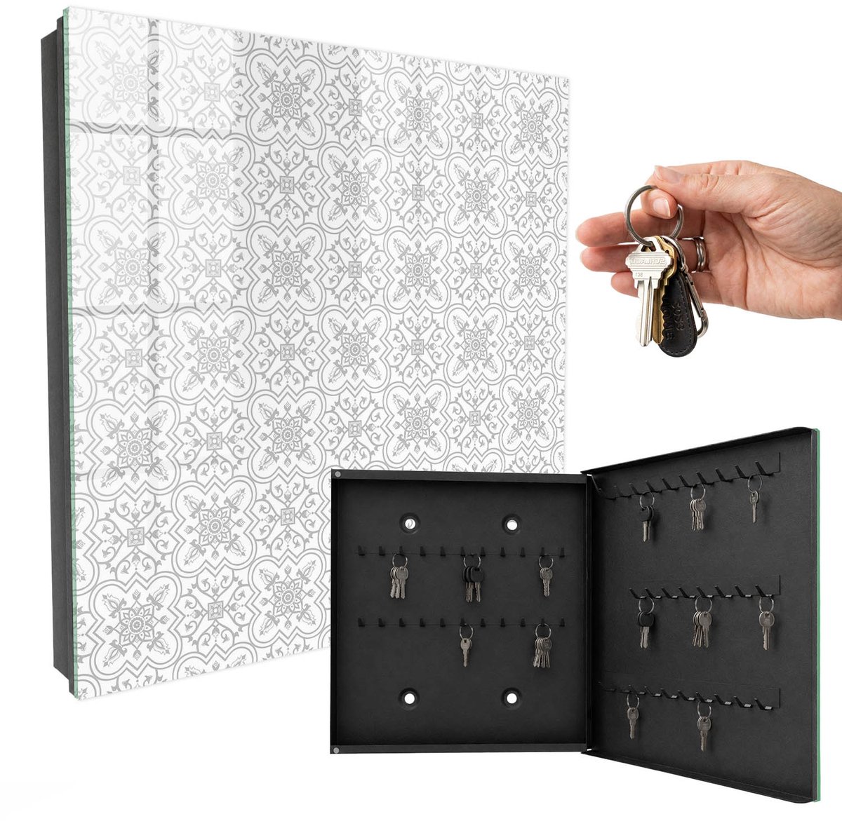 WallMuralia - Sleutelkast - 30x30x5 cm - met 50 haken - Geometrisch Patroon Groot Sleutelkastje - Wit Sleutelbox - Rechtsopenend - Zwart interieur
