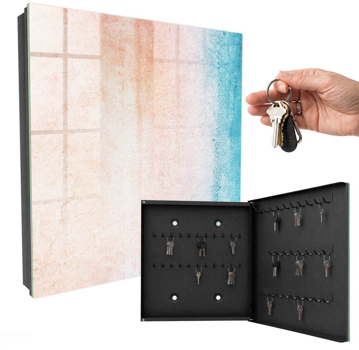 WallMuralia - Sleutelkast - 30x30x5 cm - met 50 haken - Pastelkleurige Textuur Sleutelkastje Binnen - Oranje Sleutelbox - Rechtsopenend - Zwart interieur