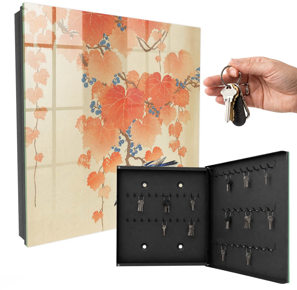 WallMuralia - Sleutelkast - 30x30x5 cm - met 50 haken - Vogel En Bladeren Sleutelkastje Landelijk - Oranje Sleutelbox - Rechtsopenend - Zwart interieur