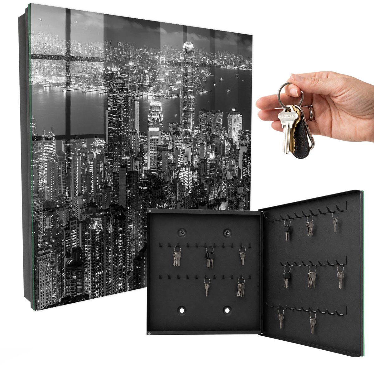 WallMuralia - Sleutelkast - 30x30x5 cm - met 50 haken - Stadsnacht Sleutelkastje Industrieel - Zwart Sleutelbox - Rechtsopenend - Zwart interieur
