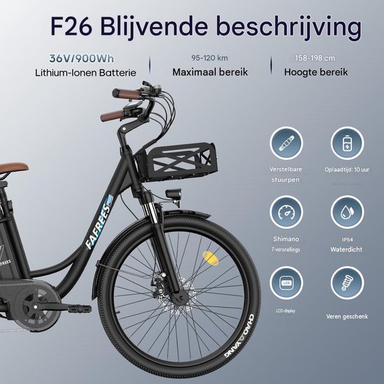 Fafrees Elektrische Fiets - 36V 25AH Accu - Actieradius Tot 120 Km- Elektrische Stadsfiets -Shimano 7 Versnellingen - LCD Display - Mechanische Schijfremmen - City Commuter E-Bike - Blauw van FAFREES — afbeelding 4