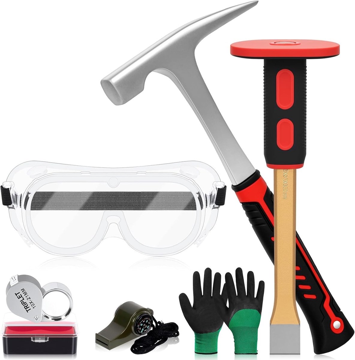 Complete Geologie Gereedschapset met Hamer, Bijl, Veiligheidsbril, Loep en Handschoenen voor Steenbewerking en Rock Digger Activiteiten