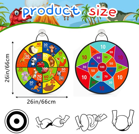 SnelShoppen - Amzeeniu Dartbord voor Kinderen 66 cm, Dubbelzijdig met 12 Kleverige Ballen, 6 Darts, 1 Pistool en 2 Haken, Veilig Sportspeelgoed voor M van Snelshoppen — afbeelding 5