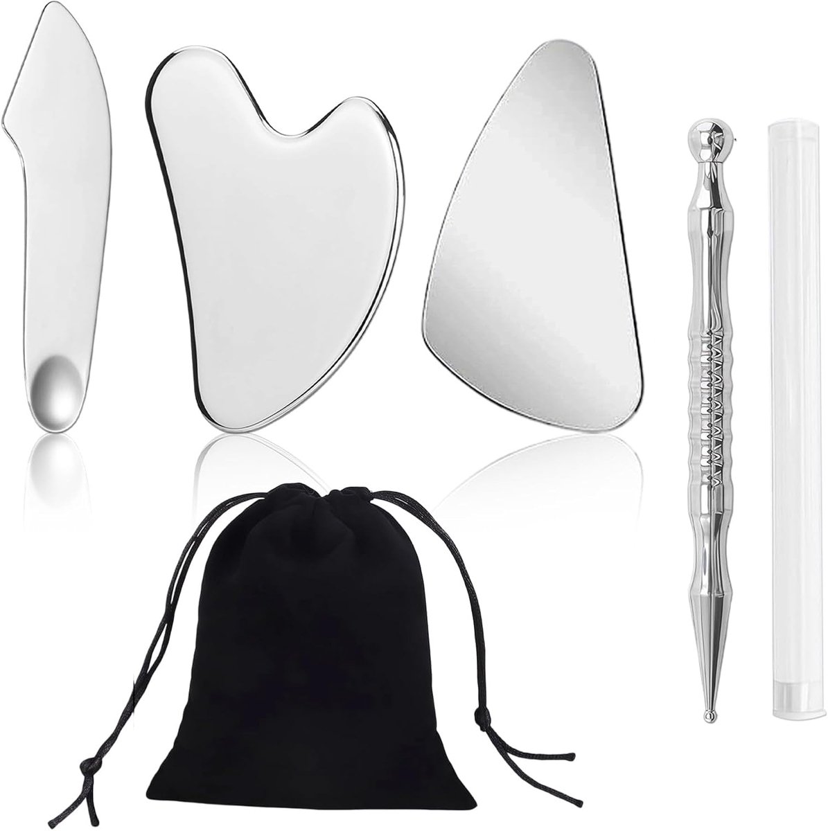 Sha roestvrijstalen massage set 4-delig – gezichtstool voor lymfedrainage – RVS drukpunt pen en 3 schrapers – zilverkleurig – voor thuisgebruik of onderweg