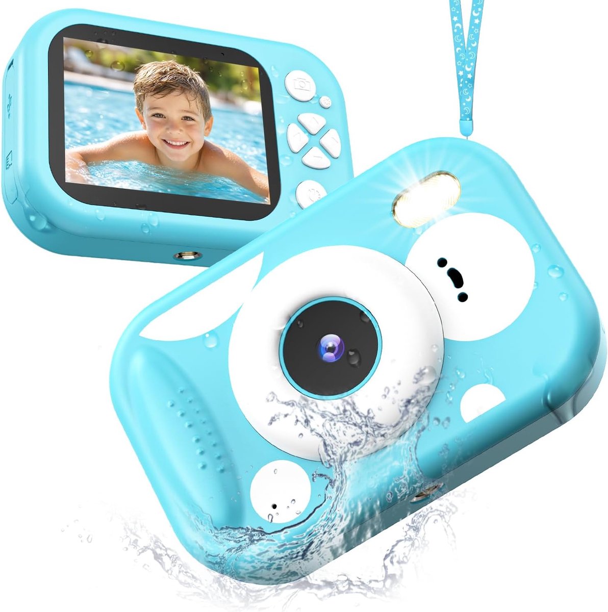 kindercamera, 48 MP, 1080p, IP68 waterdichte digitale camera voor kinderen met 2,4 inch scherm, noodLED-flitser, reizen, strand, zwembad, speelgoed, cadeau voor meisjes en jongens, blauw
