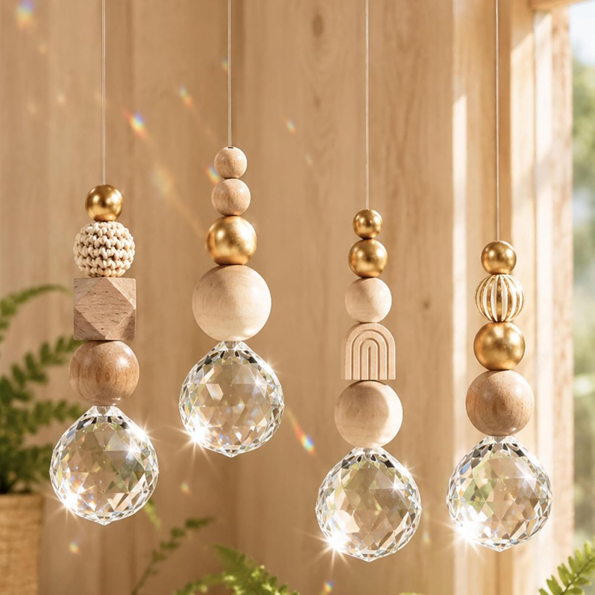 Zonnevanger kristal, set van 4 kristallen zonnevangers, 30 mm zonnevanger met houten kralen en kristallen bol, zacht regenbooglicht, natuurlijke raamdecoratie, tuindecoratie