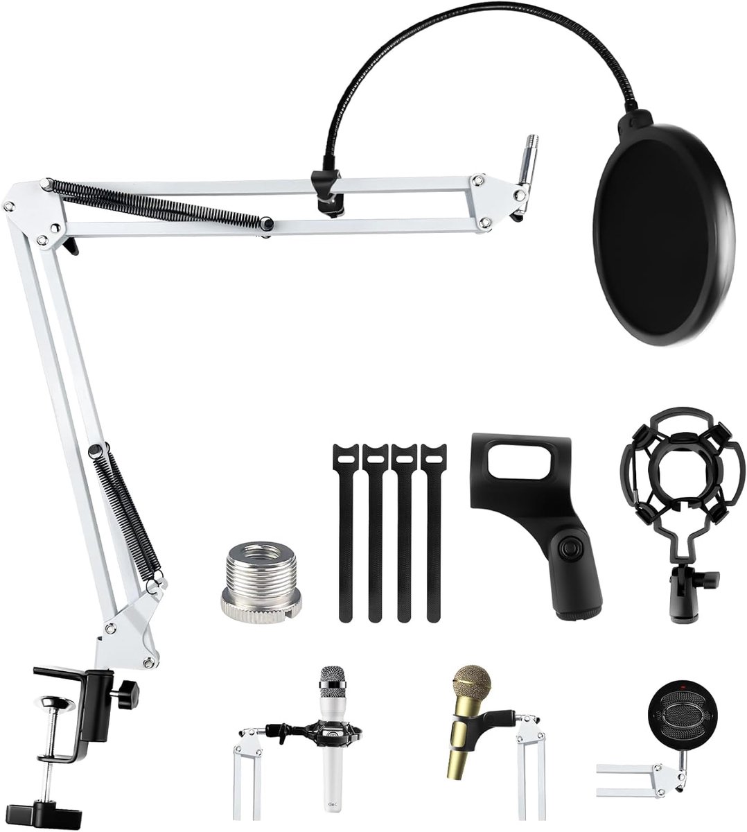 Witte microfoonarm, verstelbare giekstandaard met schokdemper, popfilter, voor opname, podcasting, tv-station
