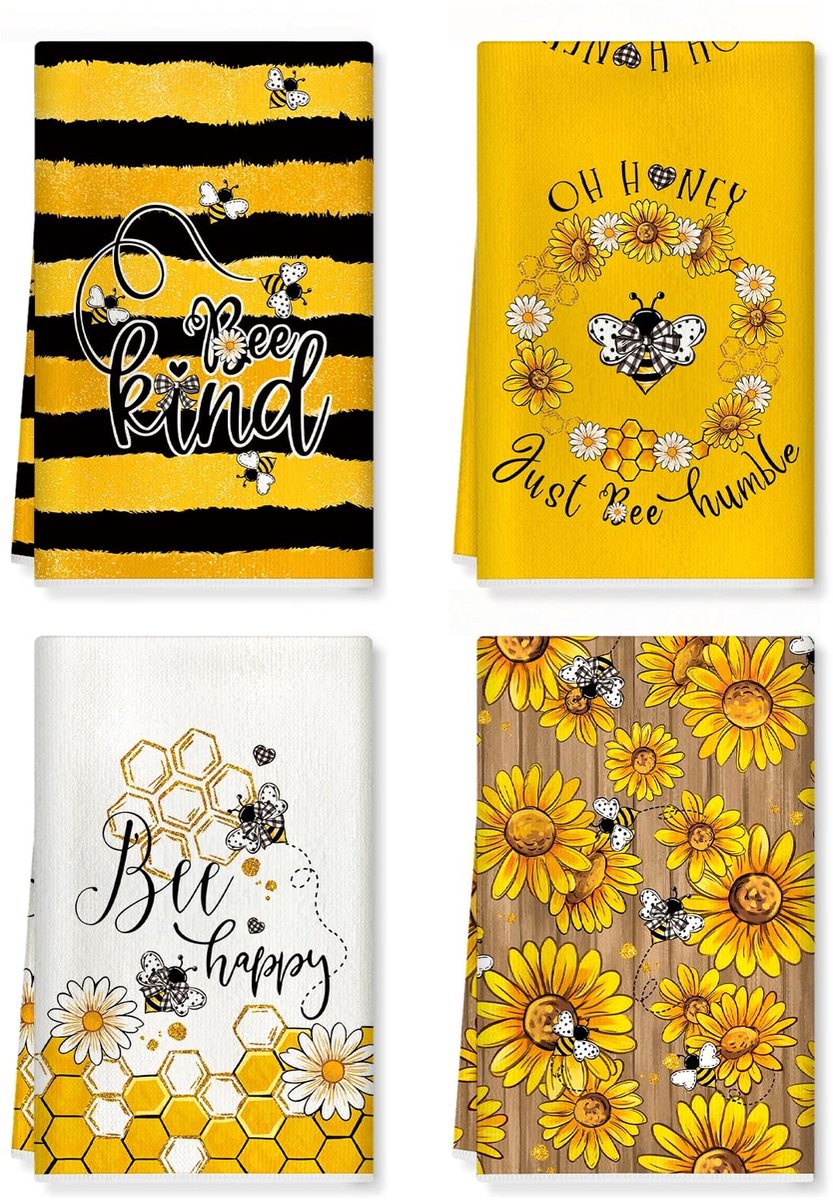 Omgoods - Bees Keuken Handdoeken Set - Zachte Katoenmix, Geel, 42 x 70 cm, Set van 4