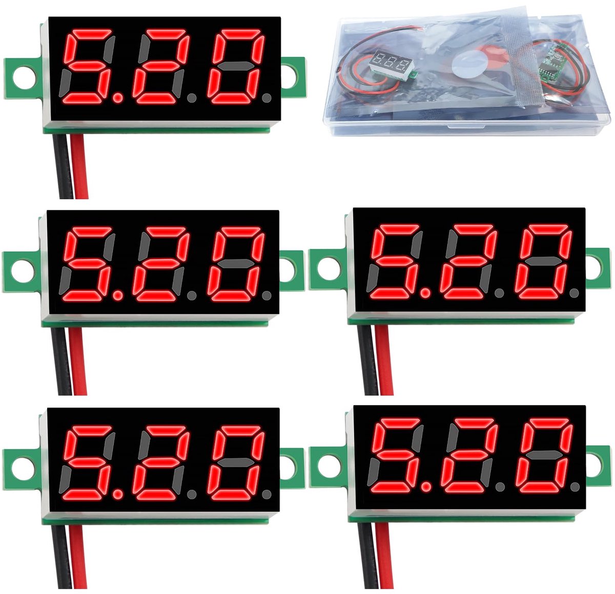 5 Stuks 0.28 Inch Mini Digitale Voltmeter, 2.4 V-30 V Mini DC Voltmeter met Twee draden, Omgekeerde Polariteit Bescherming en Nauwkeurige Drukmeting (Rood)