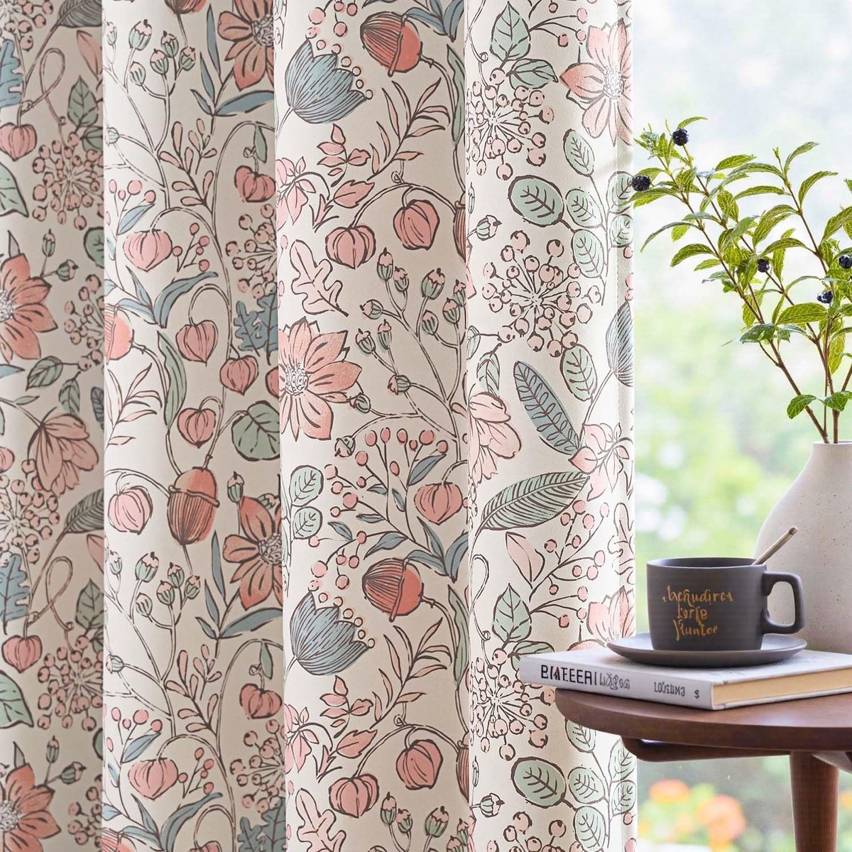 Omgoods - Vangao Blackout Gordijn Kinderkamer Woonkamer Bloemen Poederroze Groen 132 x 245 cm (Set van 2)