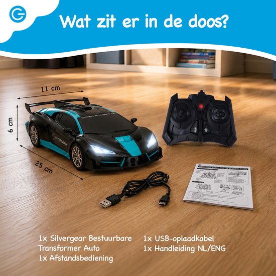 Silvergear® RC Auto Robot 2-in-1 - Transformeerbare Radiografisch Bestuurbare Auto - 360° Driften - LED & Geluid - 15km/u - 2,4GHz - Bereik tot 50 meter - USB Oplaadbaar - Raceauto Robot Speelgoed - Zwart/Blauw - Cadeau voor 6, 7, 8, 9, 10+ Jaar — afbeelding 3