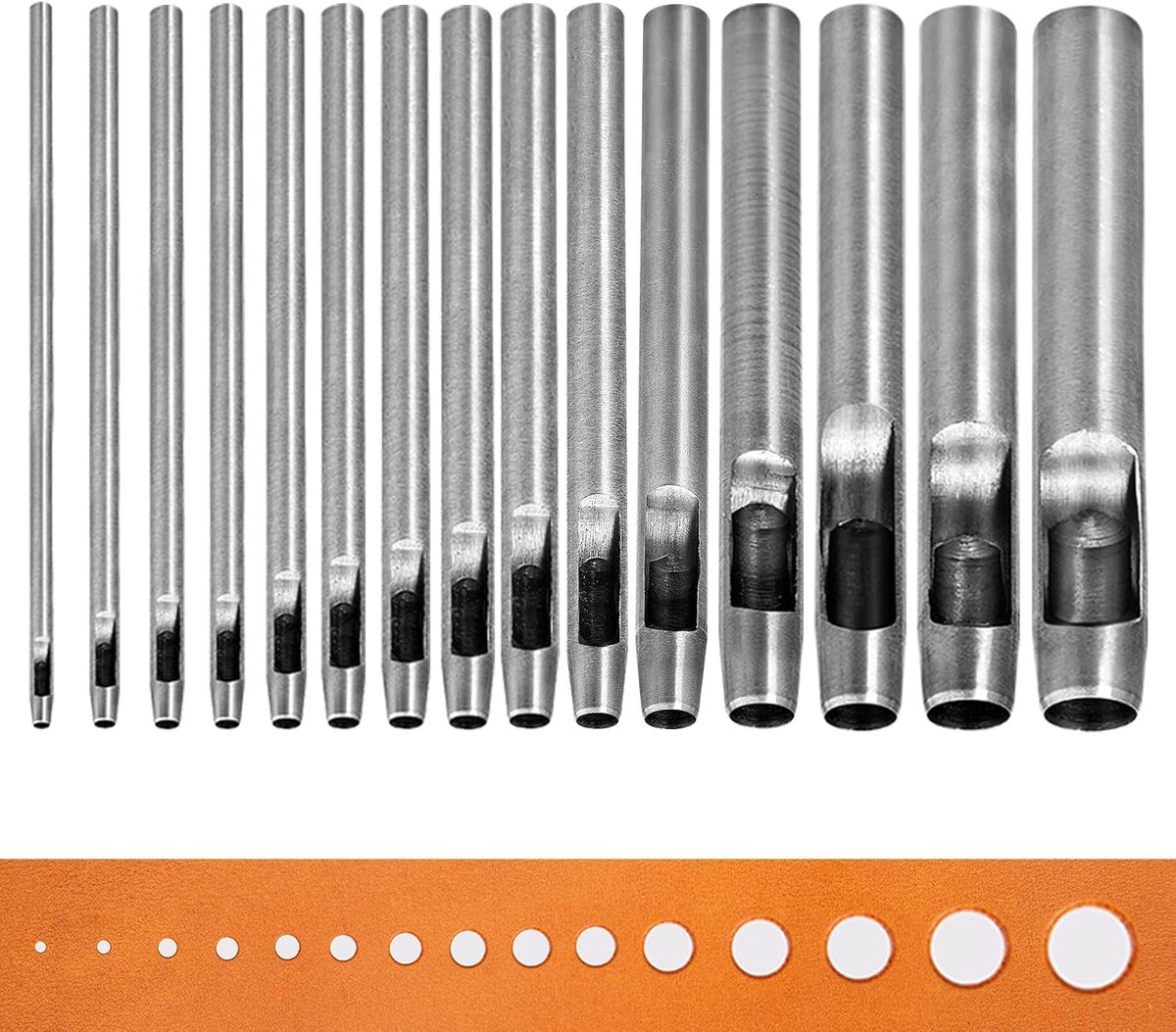 Gatijzerset, ronde holle stans-snijgereedschap, gatenijzenset voor leer, horlogebandje, afdichtingsriem (15 stuks, 0,5 - 15 mm)
