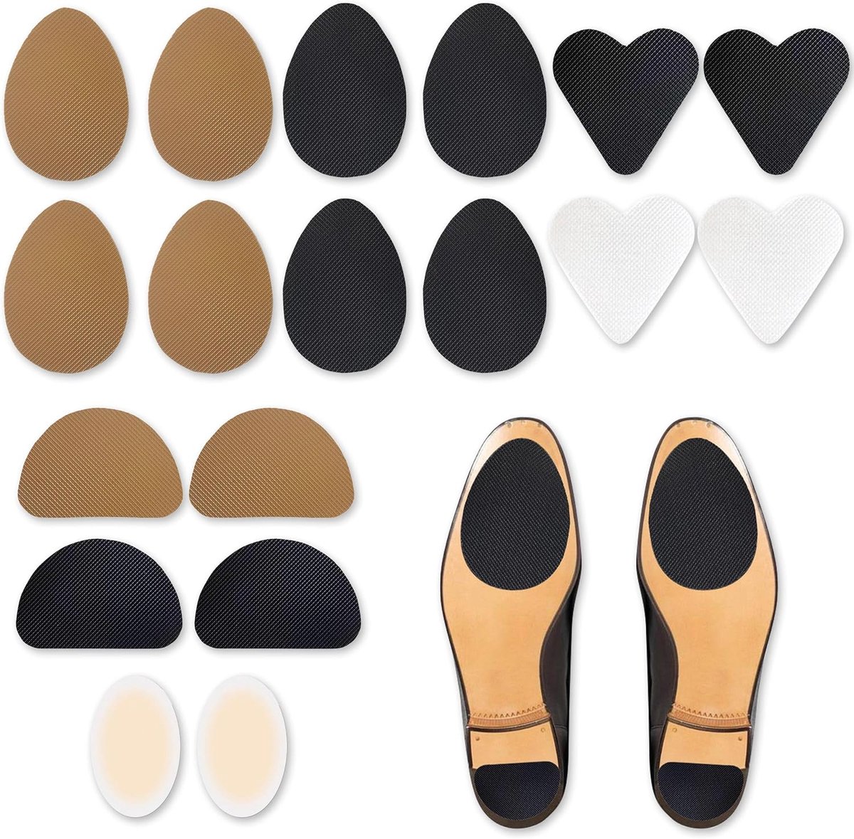 16 Stuks Antislip Schoengrepen met 2 Hielpads, Schoengrepen aan de Onderkant in 3 Vormen, Zelfklevende Zoolbeschermers van Siliconen voor Hakken Laarzen en Sneakers