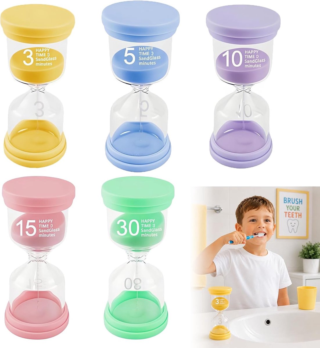 5 Stuks Zandloper Set voor Kinderen Zandloper Timer 3/5/10/15/30 Min | Kleurrijk Glazen binnenbuis School Kinderopvang Klaslokaal Leren Tijdsbeheer Spelletjes