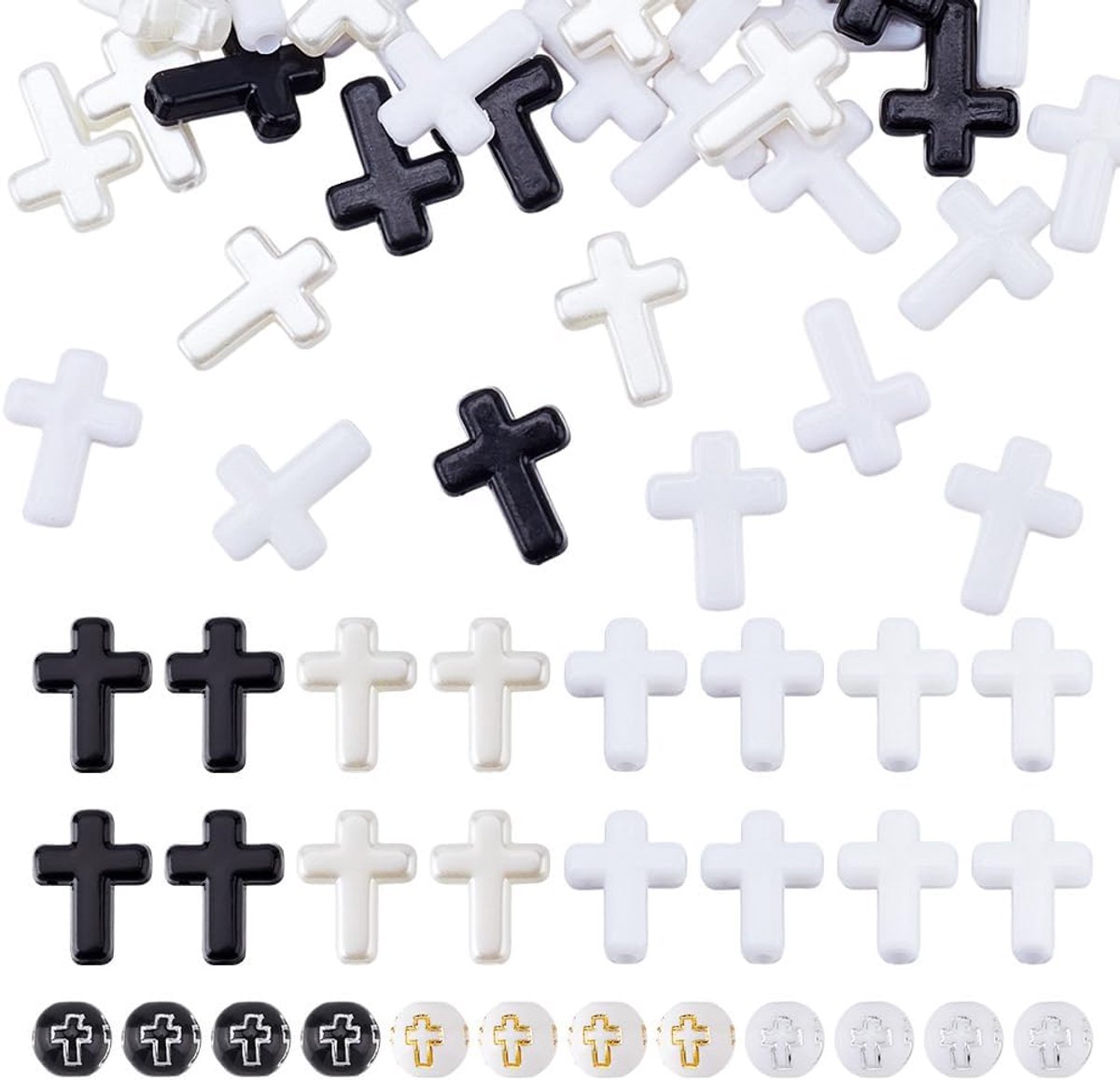 Kralen, inclusief 500 stuks acryl kruiskralen en 50 stuks kruisvormige plastic imitatieparel voor armband, ketting, oorbel sieraden maken, gat: 2 mm