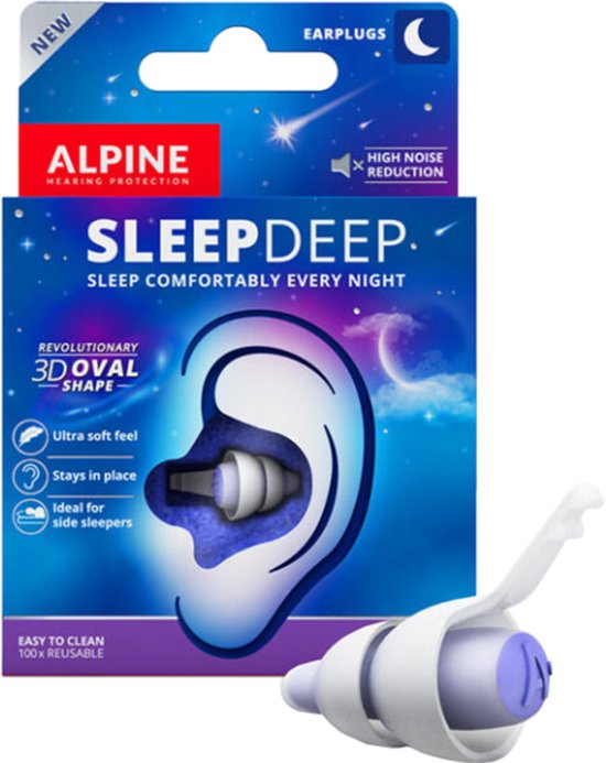 Alpine SleepDeep oordopjes, nieuw, met "SLEEPDEEP" en "HIGH NOISE REDUCTION". Ovalen vorm, ultra zacht.
